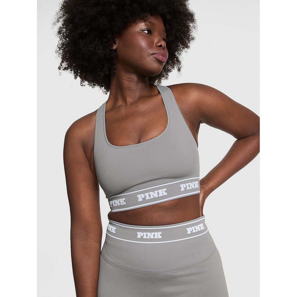 Victoria's Secret PINK Gray Logo Seamless Racerback Sports Bra reversible medium